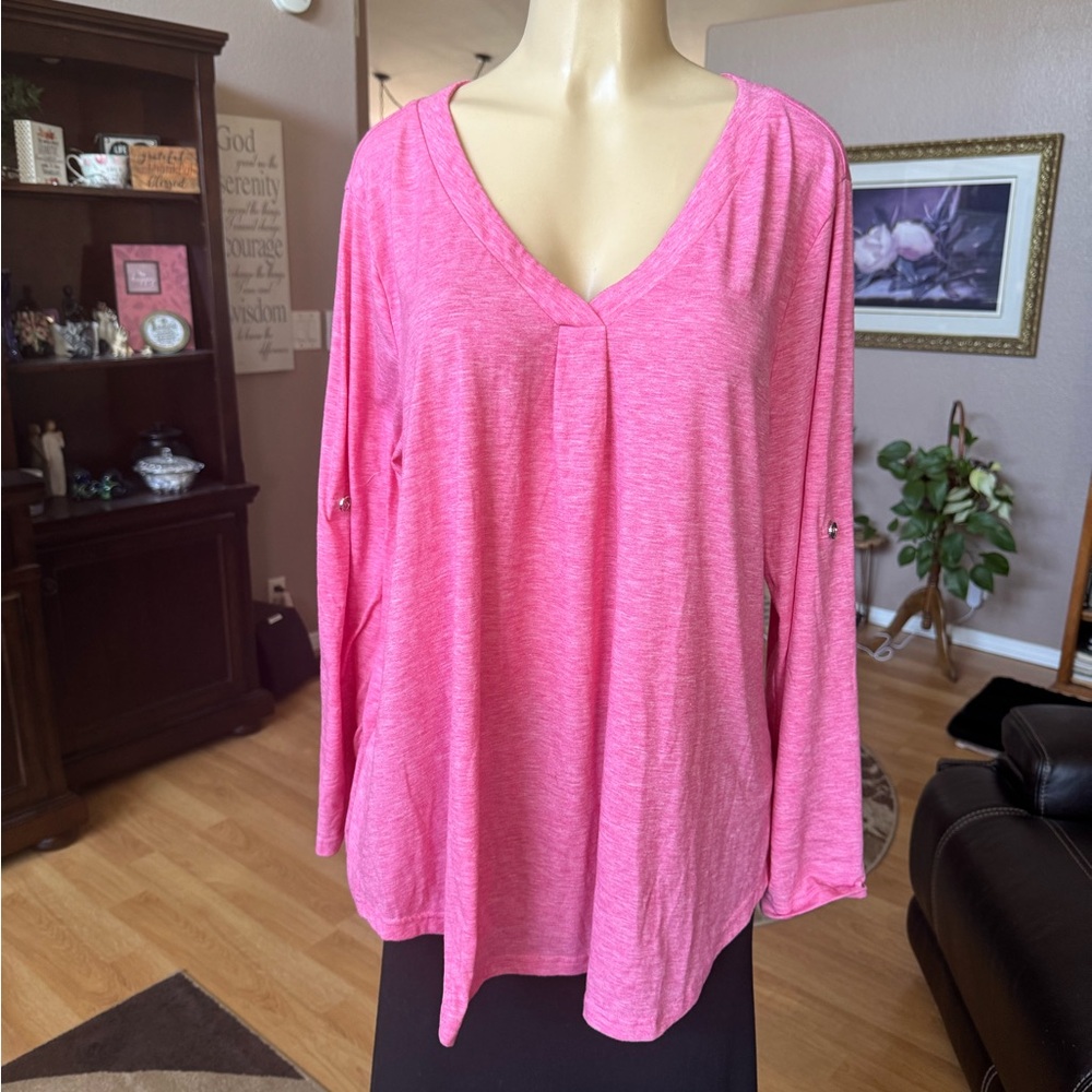 Siddhe pink long roll tab sleeves Vneck blouse-size XXXL